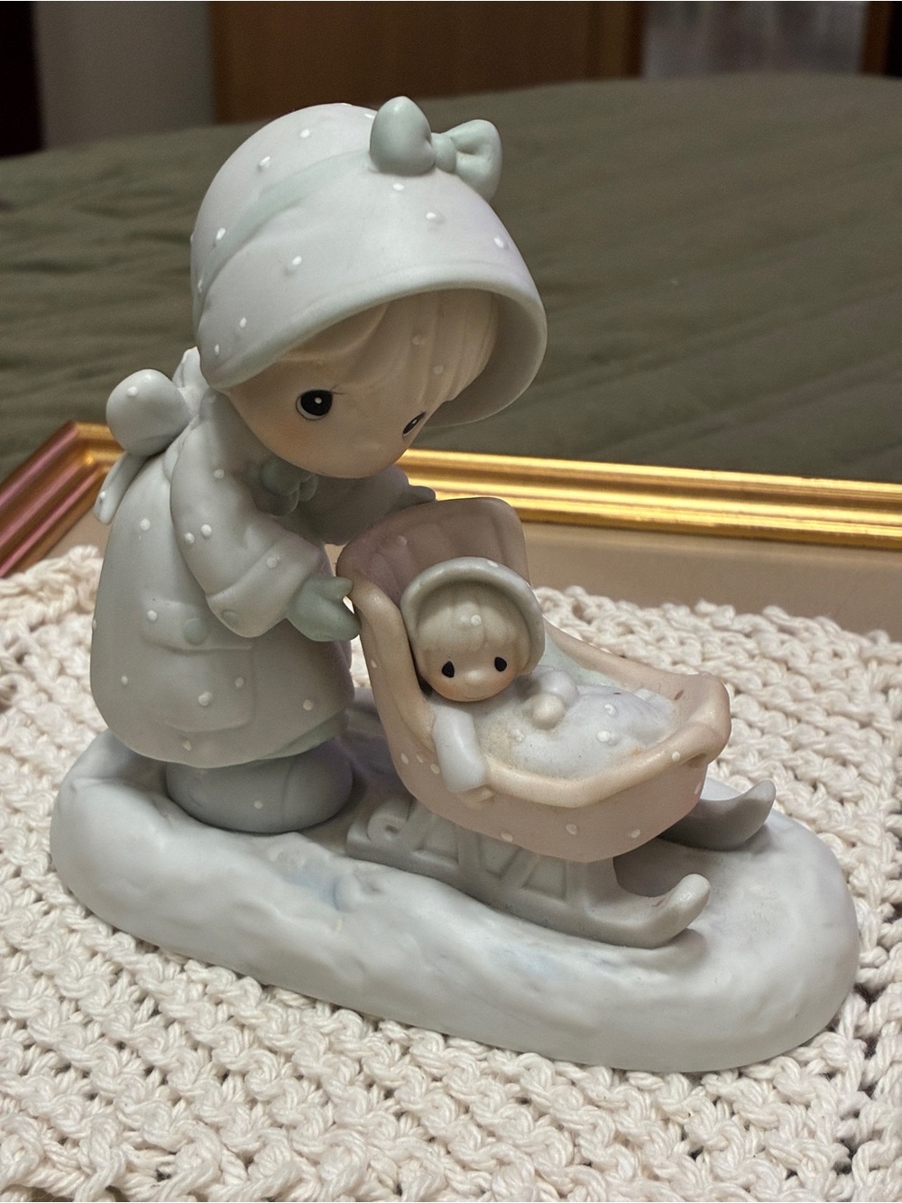 Enesco Pastel Mint Precious Moments Girl Pushing Baby Sleigh Figurine